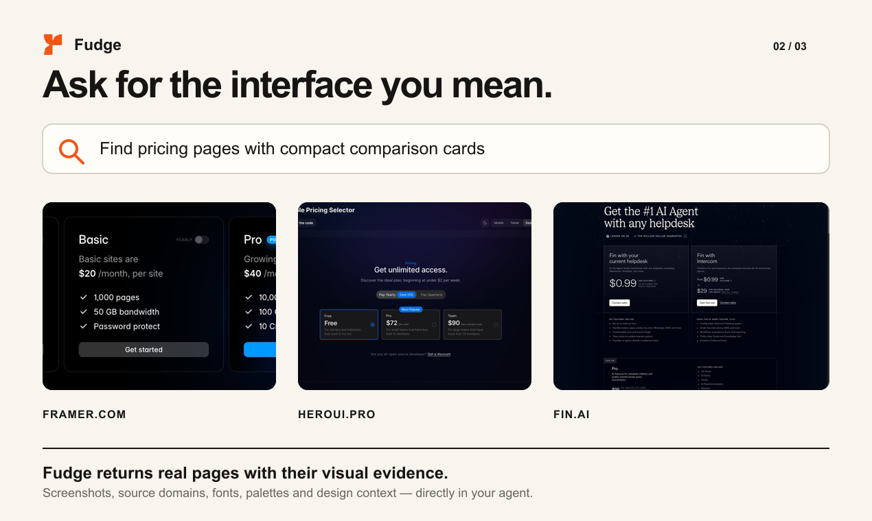 Fudge returning real pricing-page references with visual evidence